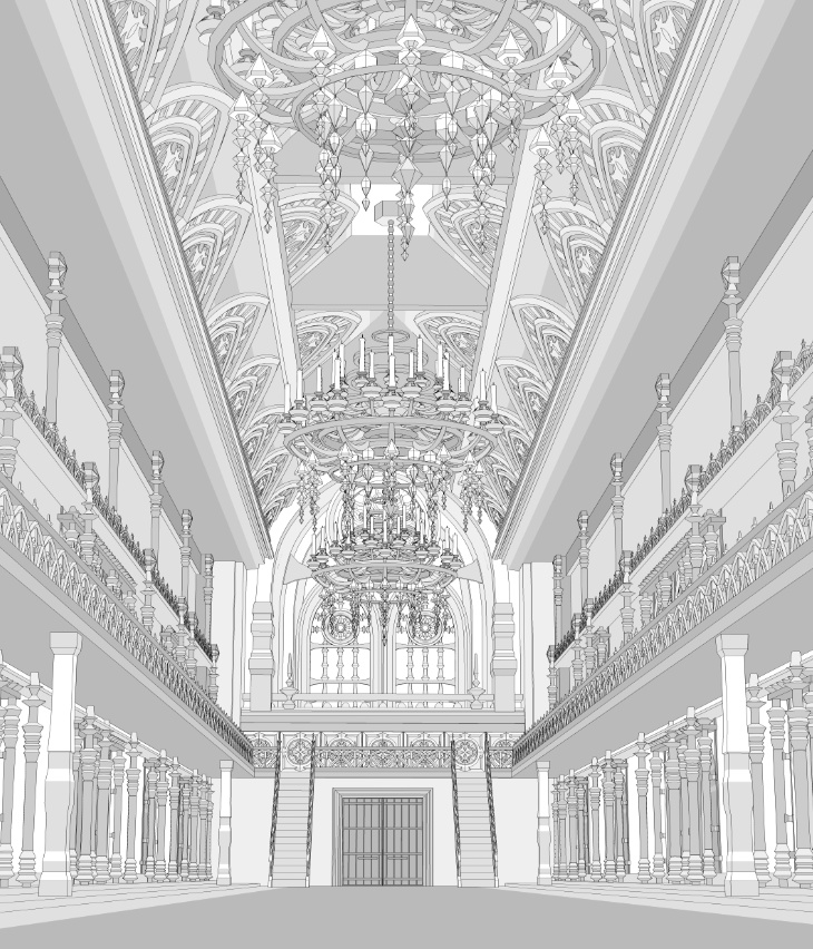 洋館・図書館/内装あり/舞踏会場/シャンデリア/椅子/机/本棚/本/扉/梯子