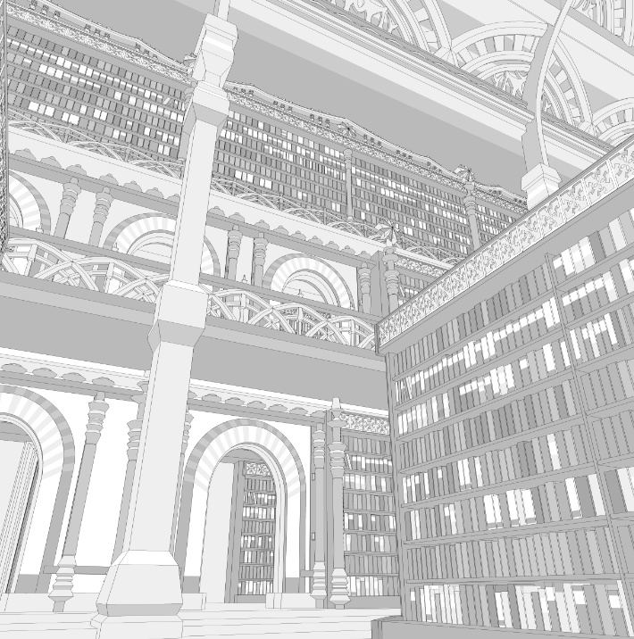 洋館・図書館/内装あり/舞踏会場/シャンデリア/椅子/机/本棚/本/扉/梯子