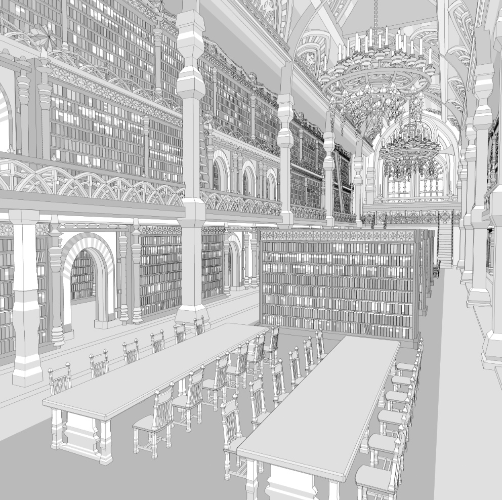 洋館・図書館/内装あり/舞踏会場/シャンデリア/椅子/机/本棚/本/扉/梯子