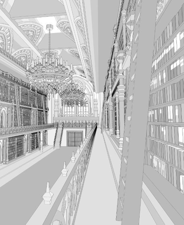 洋館・図書館/内装あり/舞踏会場/シャンデリア/椅子/机/本棚/本/扉/梯子