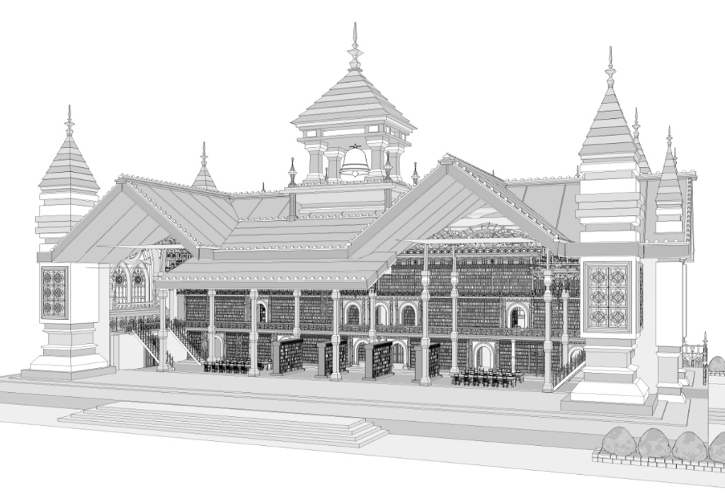 洋館・図書館/内装あり/舞踏会場/シャンデリア/椅子/机/本棚/本/扉/梯子