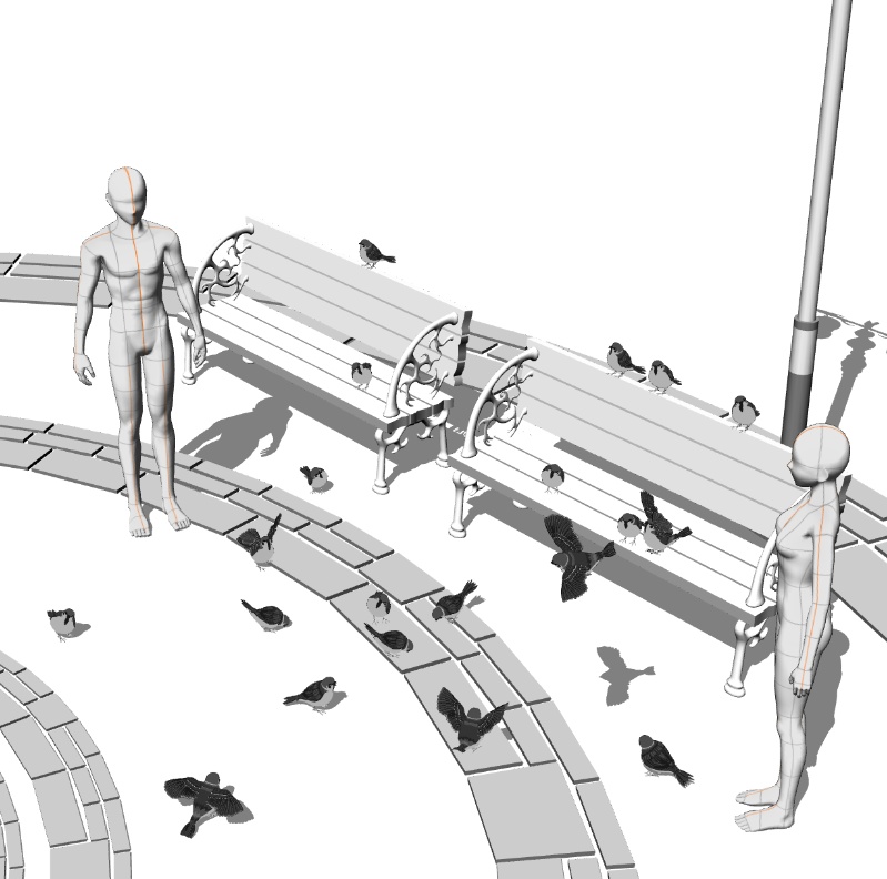 すずめ(羽ツメ身体可動!)羽閉じ版/羽開き版/公園広場/ベンチ/街灯