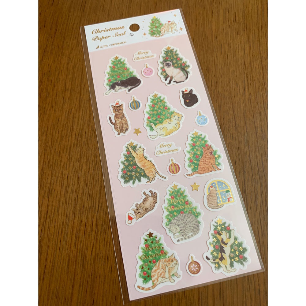 箔押し:ねことツリー・ねことリース|クリスマスペーパーシール