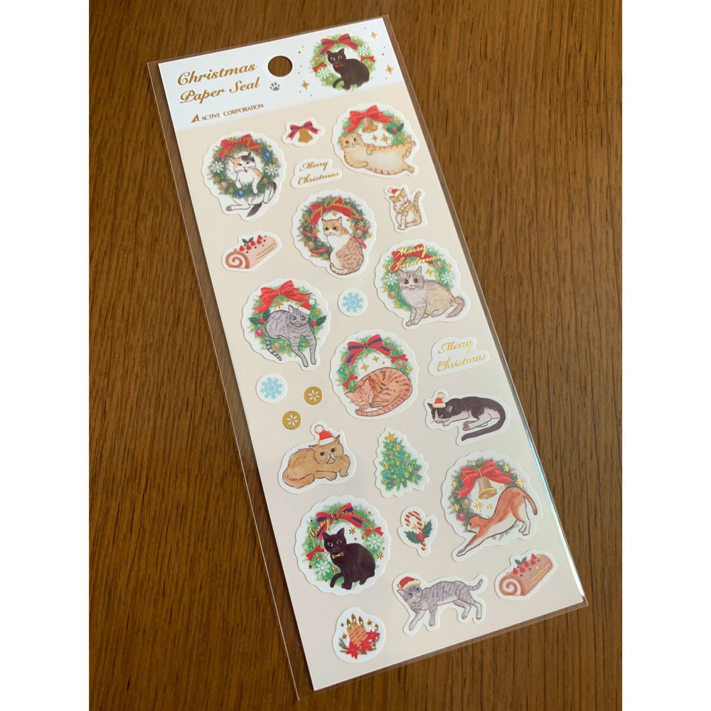 箔押し:ねことツリー・ねことリース|クリスマスペーパーシール