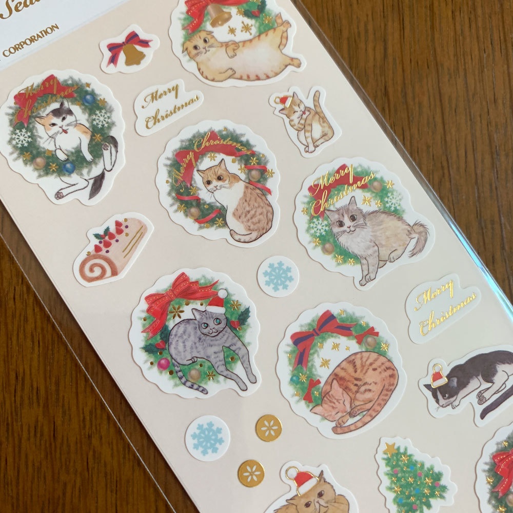 箔押し:ねことツリー・ねことリース|クリスマスペーパーシール