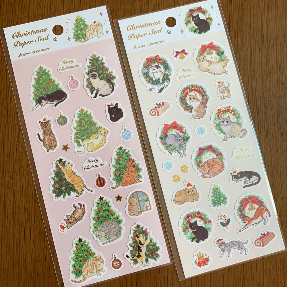 箔押し:ねことツリー・ねことリース|クリスマスペーパーシール