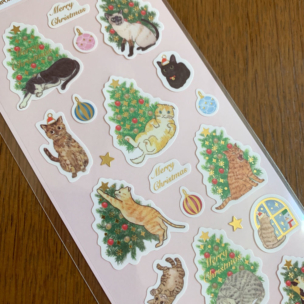 箔押し:ねことツリー・ねことリース|クリスマスペーパーシール