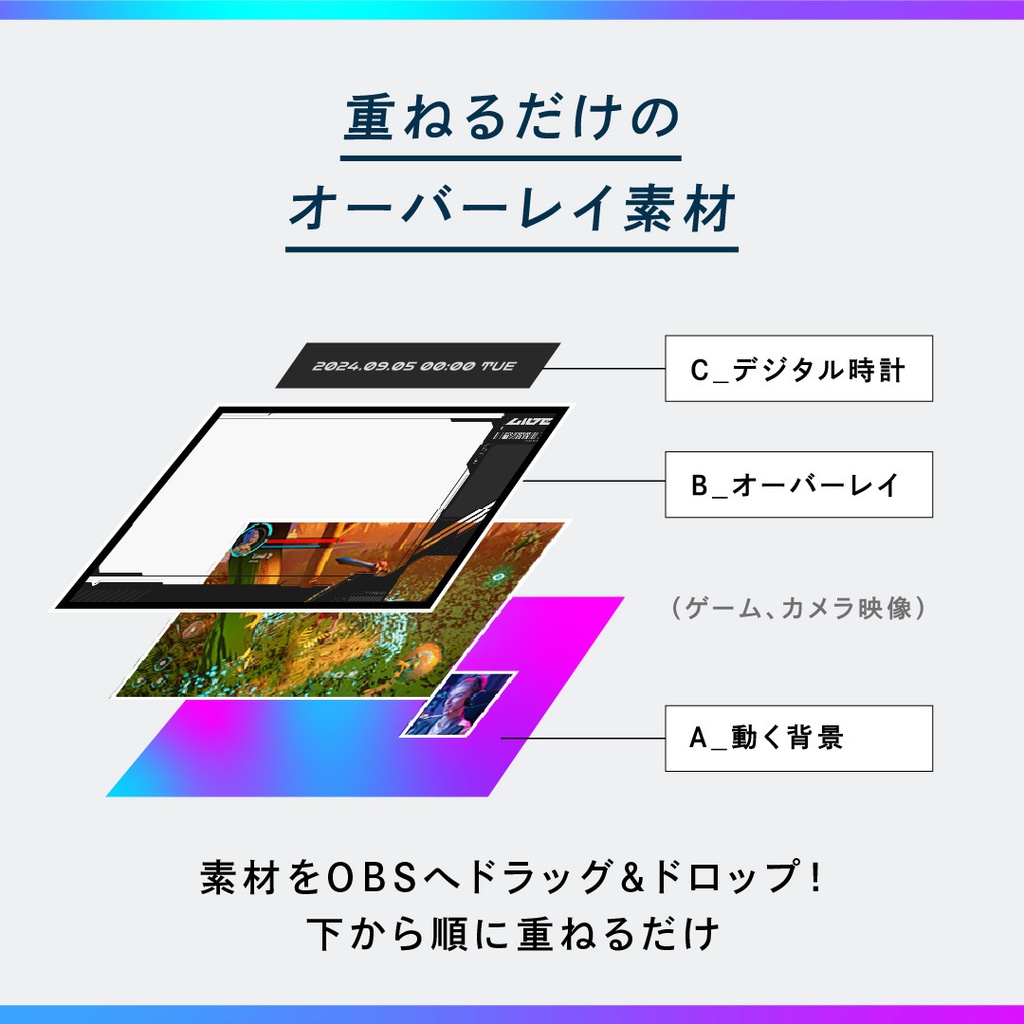 クールな動くゲーミング配信画面/背景・画面10種・時計セット