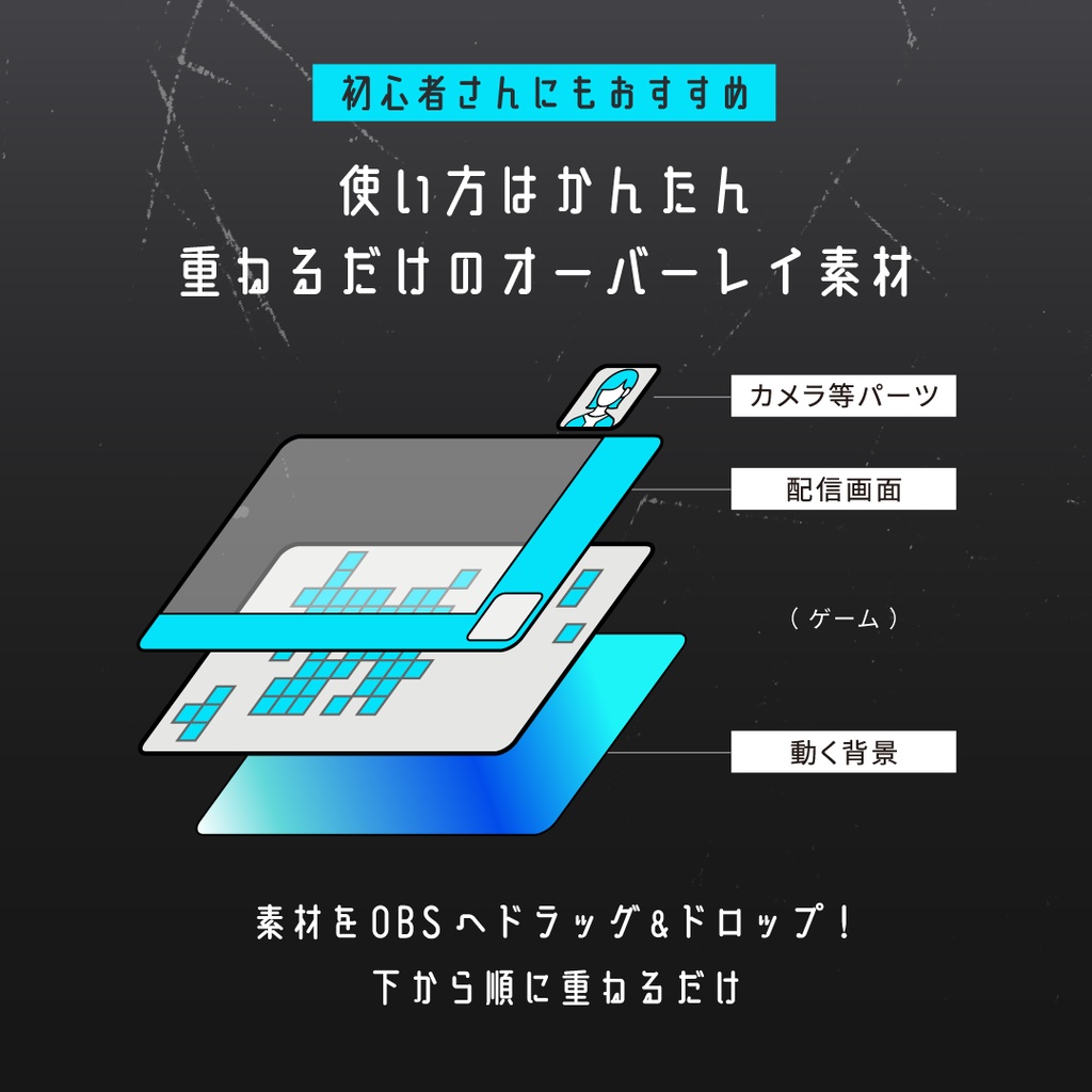 【動く】ゲーミング配信画面6点セット/背景・配信画面(時計つき)・カスタムパーツ セット/第二弾 シンプル クール