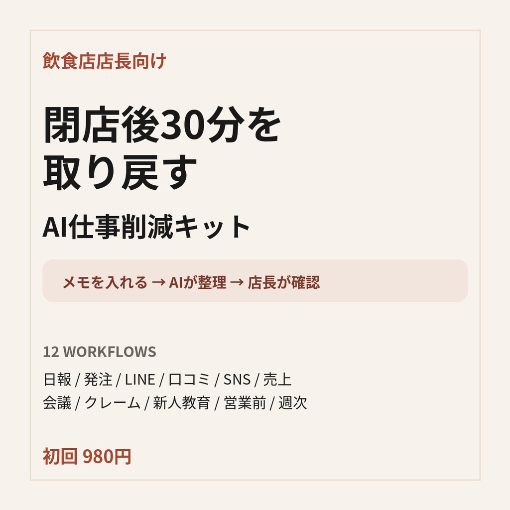 閉店後30分を取り戻す|飲食店店長のAI仕事削減キット