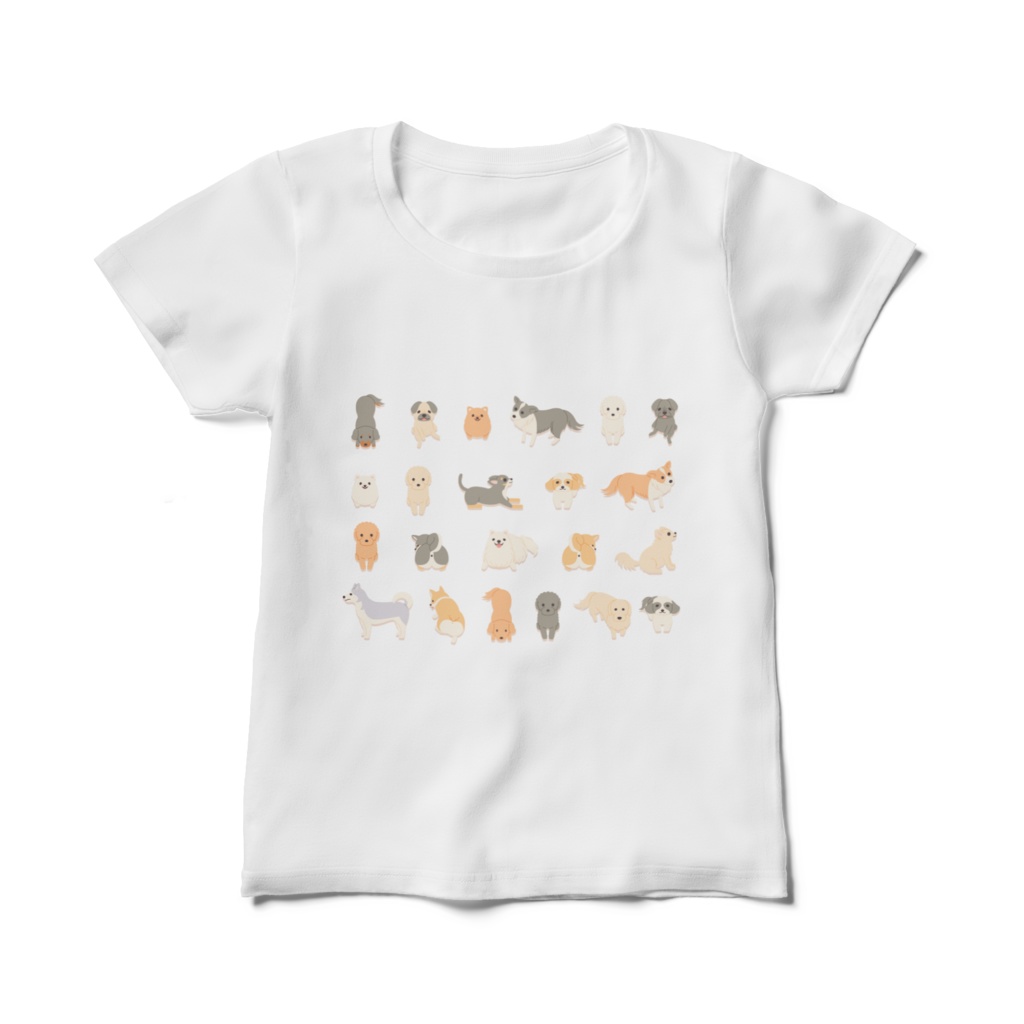 犬だらけオリジナルレディースTシャツ　白（ホワイト）
