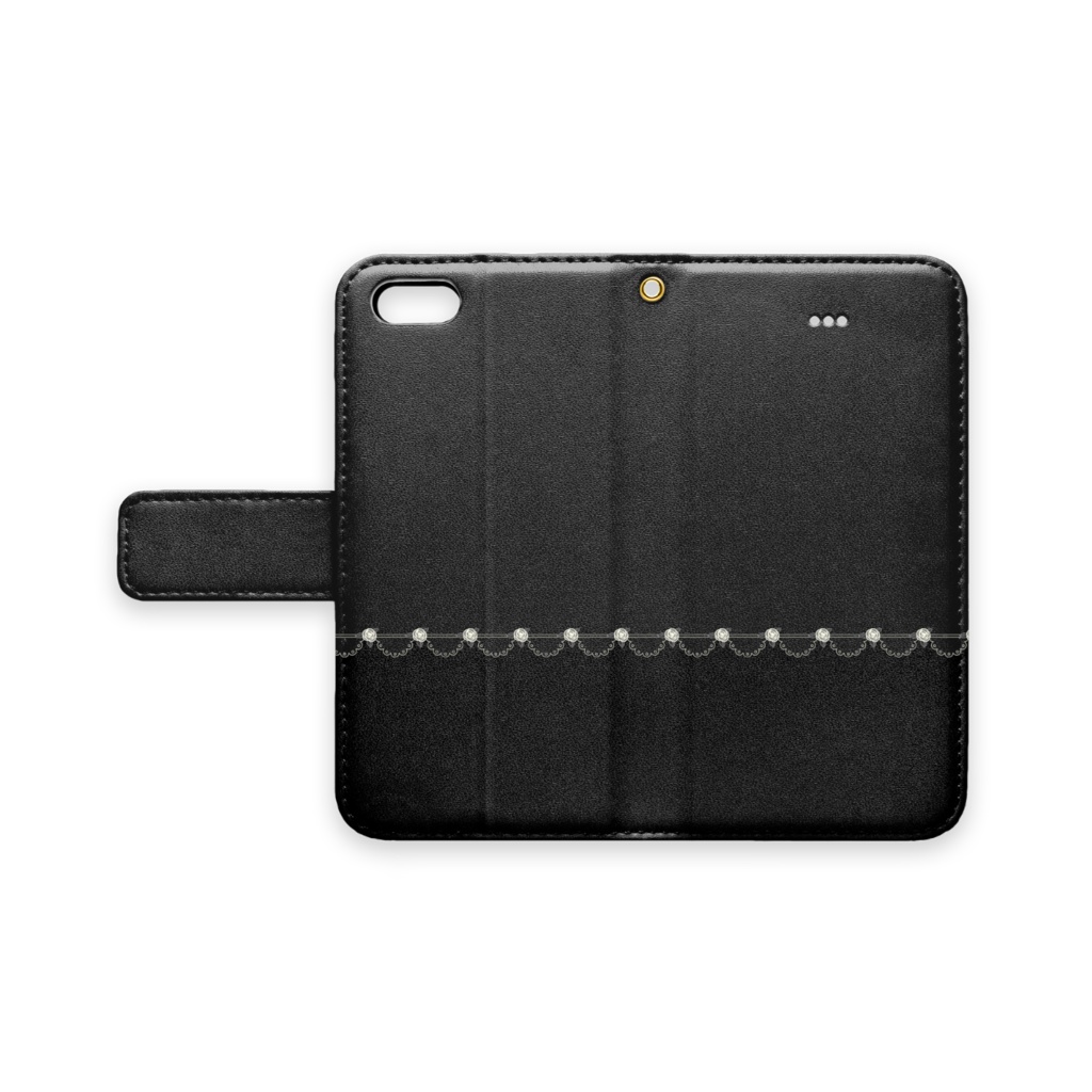薔薇&レース 手帳型iPhoneケース 白薔薇×黒色 ベルトあり+ストラップ穴あり