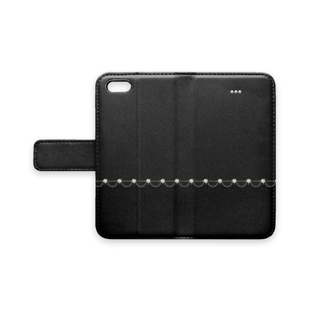 薔薇&レース 手帳型iPhoneケース 白薔薇×黒色 ベルトあり+ストラップ穴なし