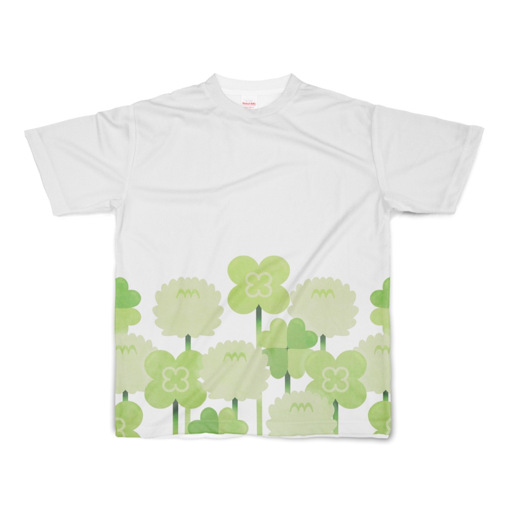 クローバー＆シロツメクサ　フルグラフィックTシャツ　両面印刷　白色（ホワイト）