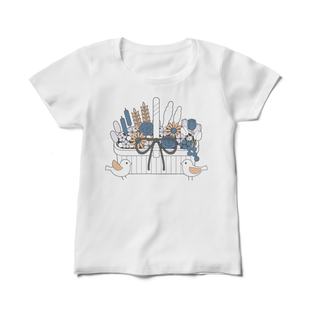 フラワーバスケットA　オリジナルレディースTシャツ　白色（ホワイト）