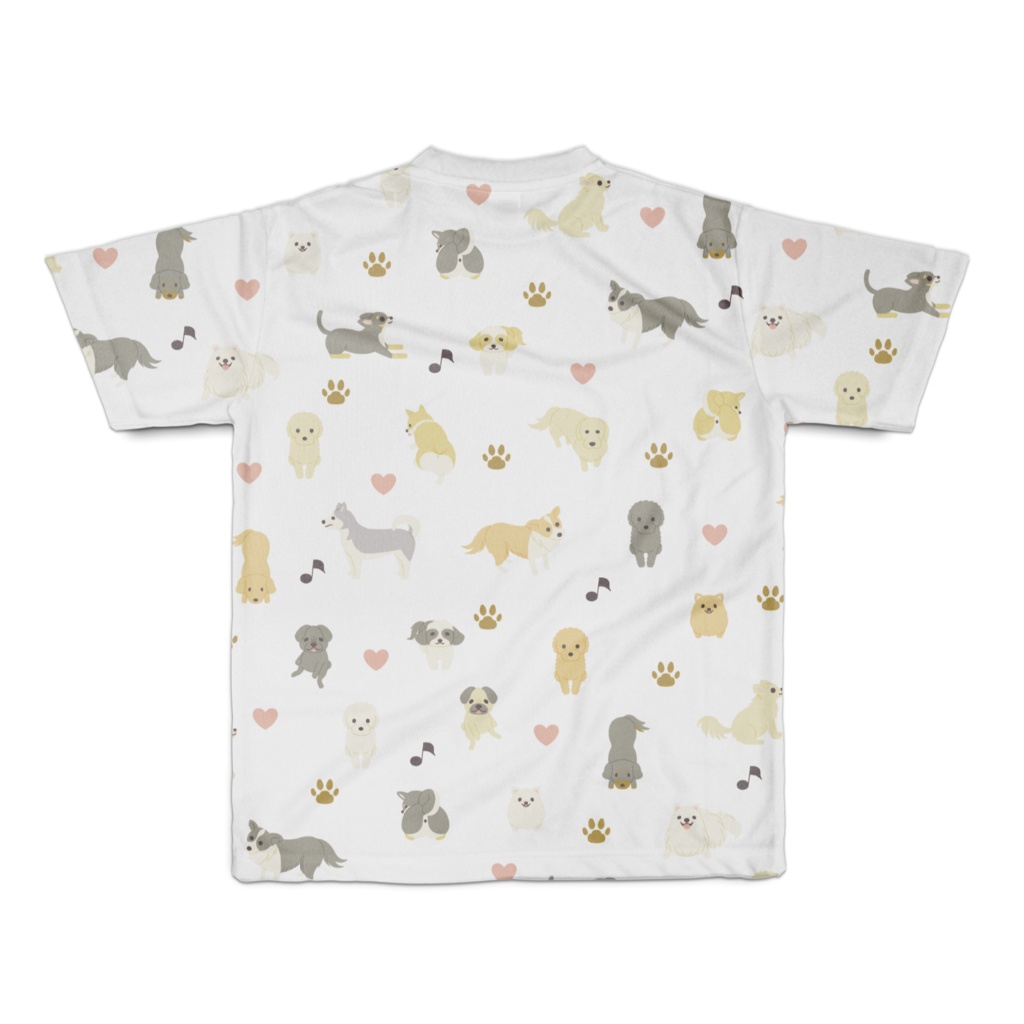 犬だらけ❤フルグラフィックTシャツ 両面印刷 白(ホワイト)