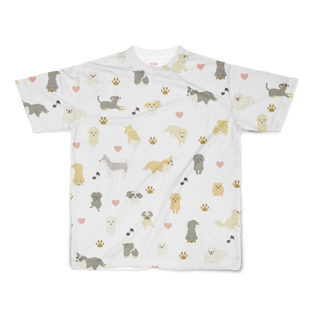 犬だらけ❤フルグラフィックTシャツ　両面印刷　白（ホワイト）