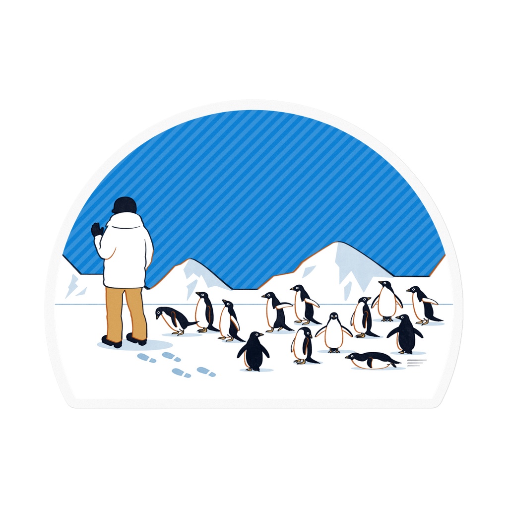 人間を見かけ近寄ってくるペンギン達 ステッカー(全2色)