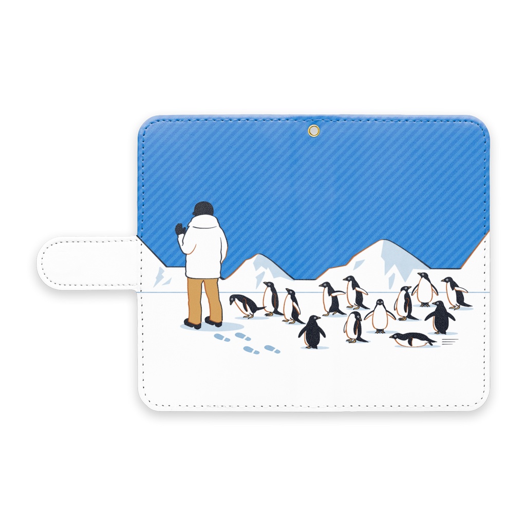 人間を見かけ近寄ってくるペンギン達　手帳型Androidケース（全2色）　ストラップ穴あり