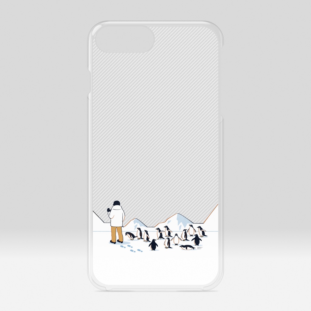 人間を見かけ近寄ってくるペンギン達　クリアiPhoneケース　灰色（グレー）
