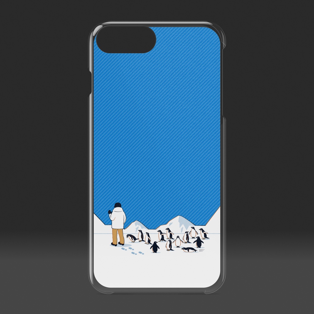 人間を見かけ近寄ってくるペンギン達 クリアiPhoneケース 青色(ブルー)