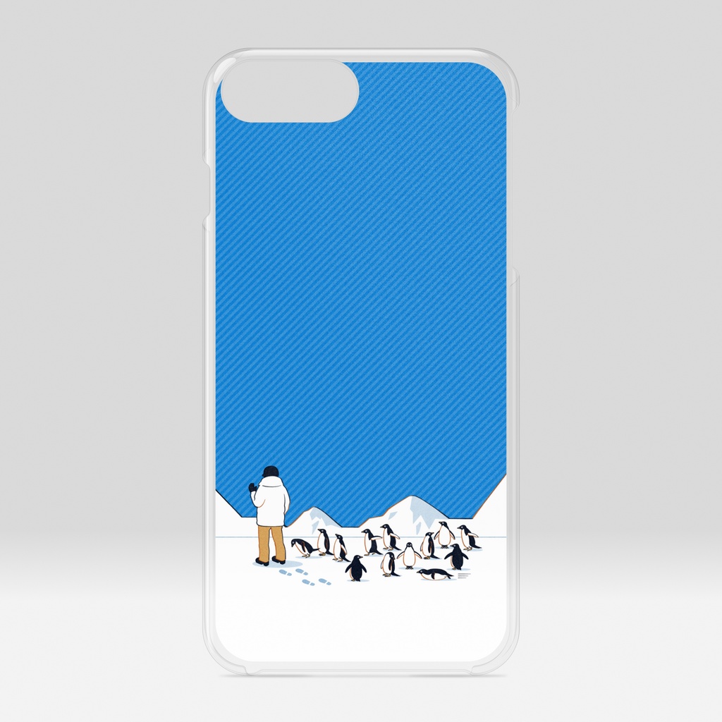 人間を見かけ近寄ってくるペンギン達　クリアiPhoneケース　青色（ブルー）