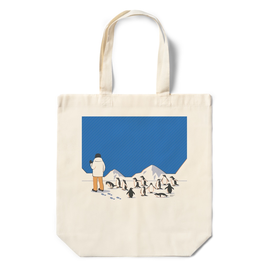 人間を見かけ近寄ってくるペンギン達　エコバッグ（全2色）
