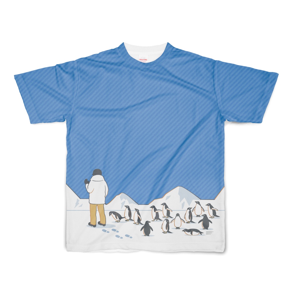 人間を見かけ近寄ってくるペンギン達　フルグラフィックTシャツ（全2色）　両面印刷