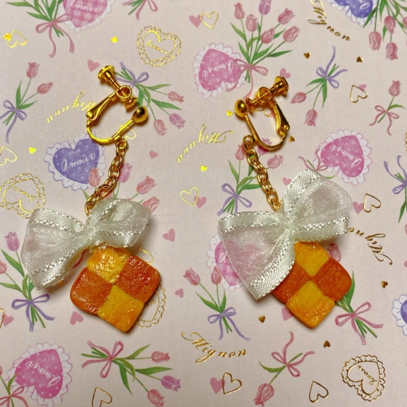 市松模様クッキーイヤリング   チョコ&バニラ リボン
