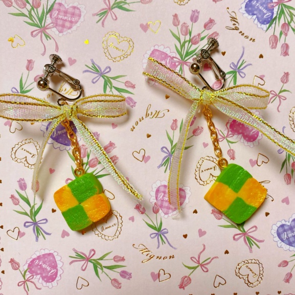 市松模様クッキーイヤリング 抹茶&バニラ リボン