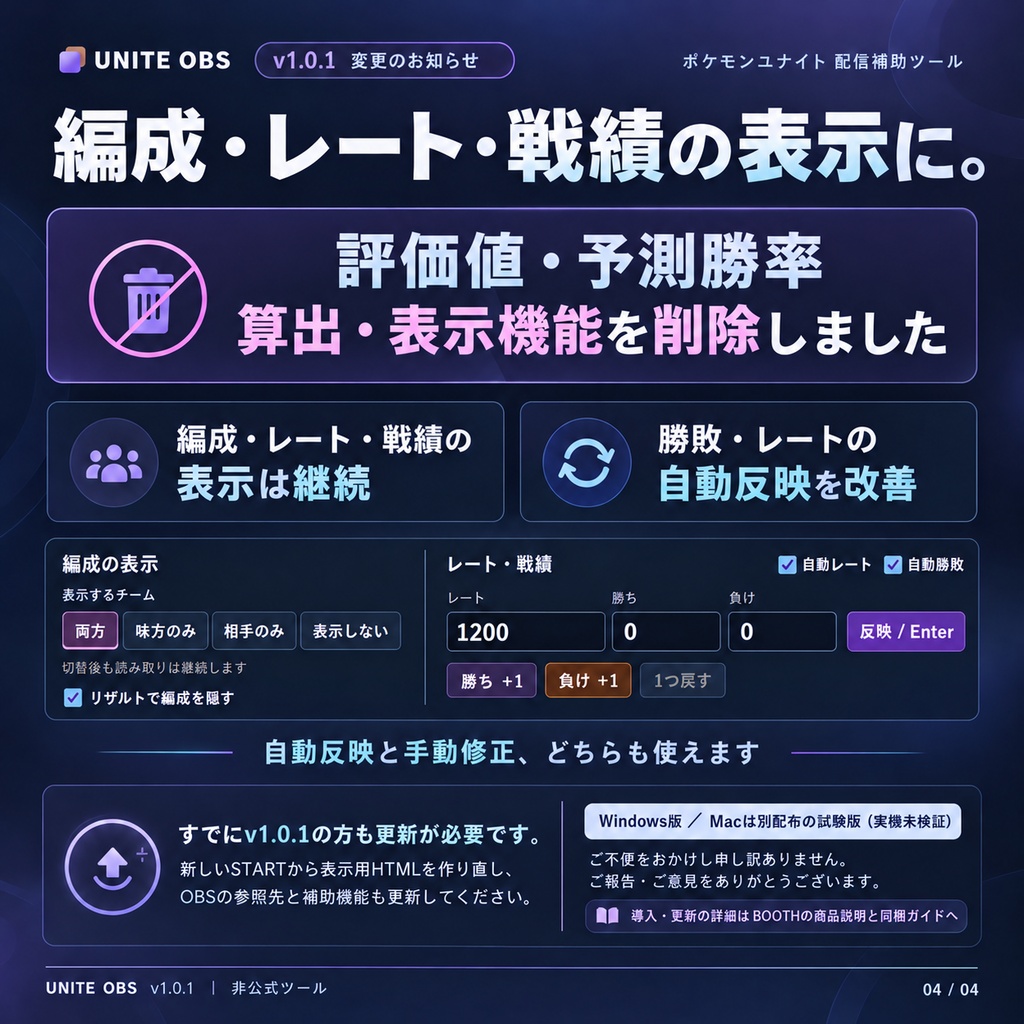 【無料】UNITE OBS|編成・レート・戦績を自動表示する配信ツール