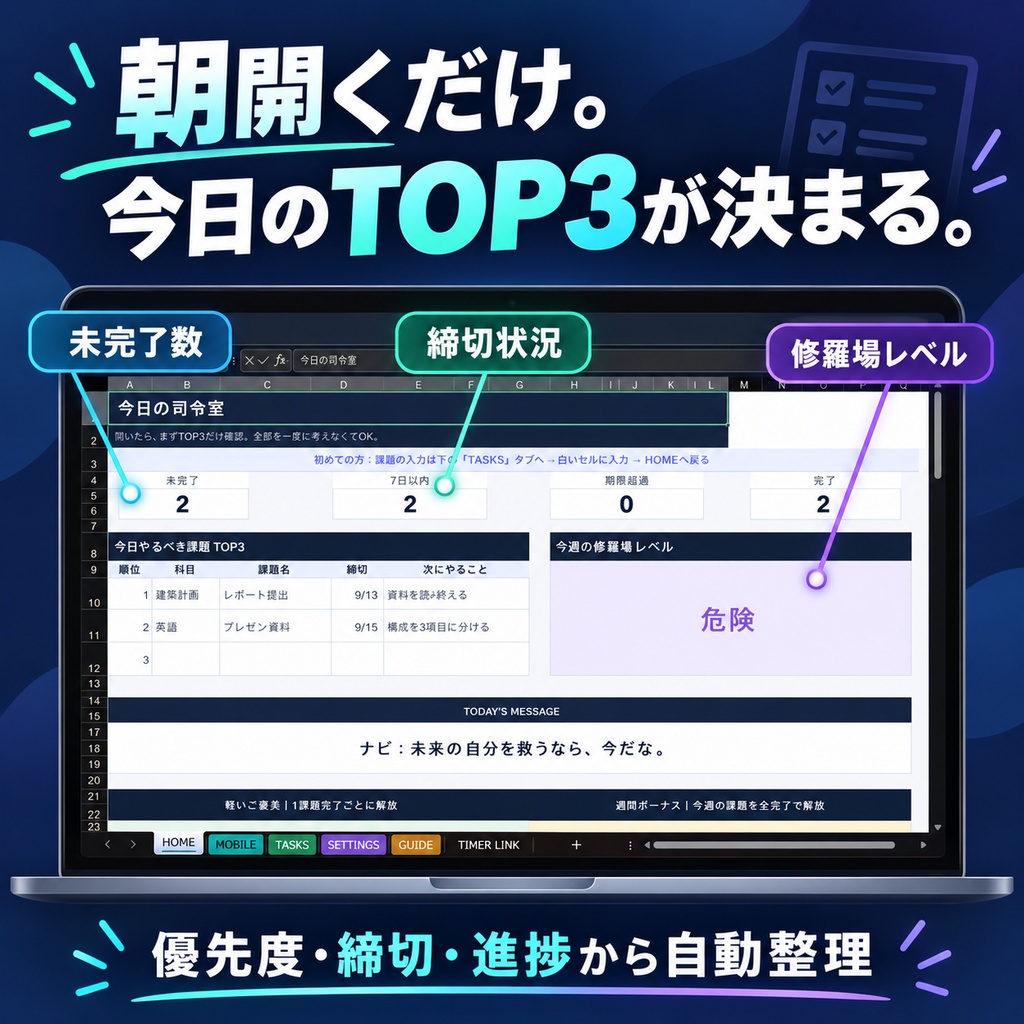大学課題管理ツール|今日のTOP3・締切管理・ご褒美つき|日本語/English