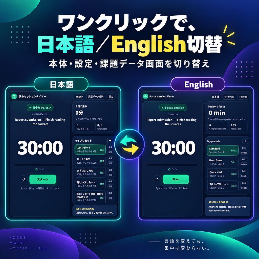 集中セッションタイマー|時間・回数・ご褒美を自由に設定|日本語/English