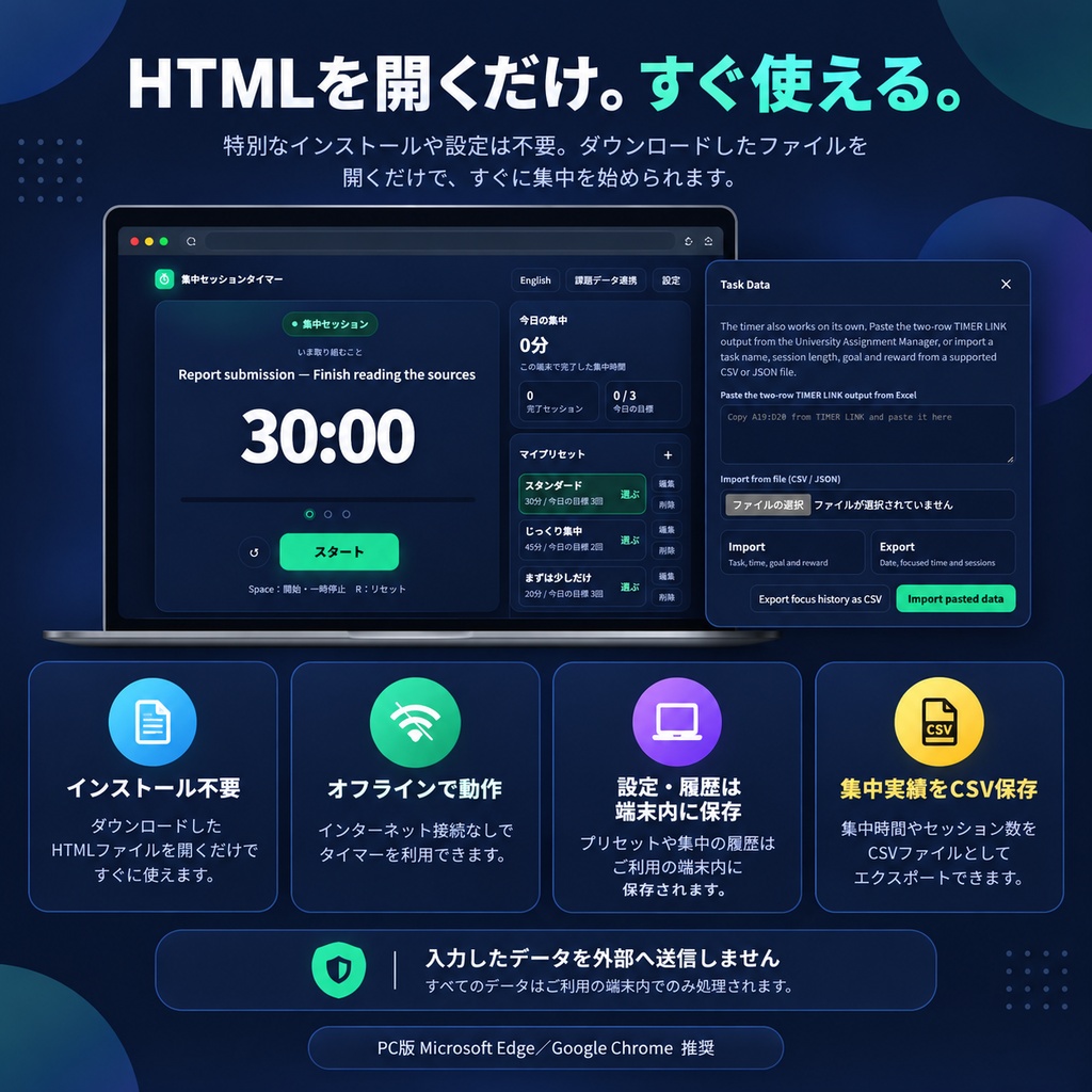 集中セッションタイマー|時間・回数・ご褒美を自由に設定|日本語/English