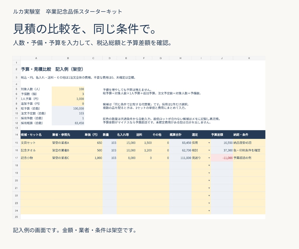 卒業記念品係スターターキット|Excel9シート・記入例・説明書つき