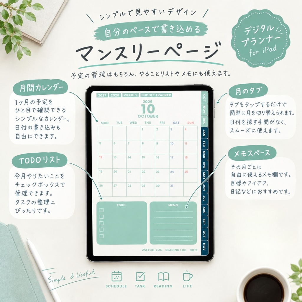 【2026年10月始まり】デジタルプランナー | 月曜始まり | 家計簿 | 視聴ログ| 読書ログ | iPad | goodnotes