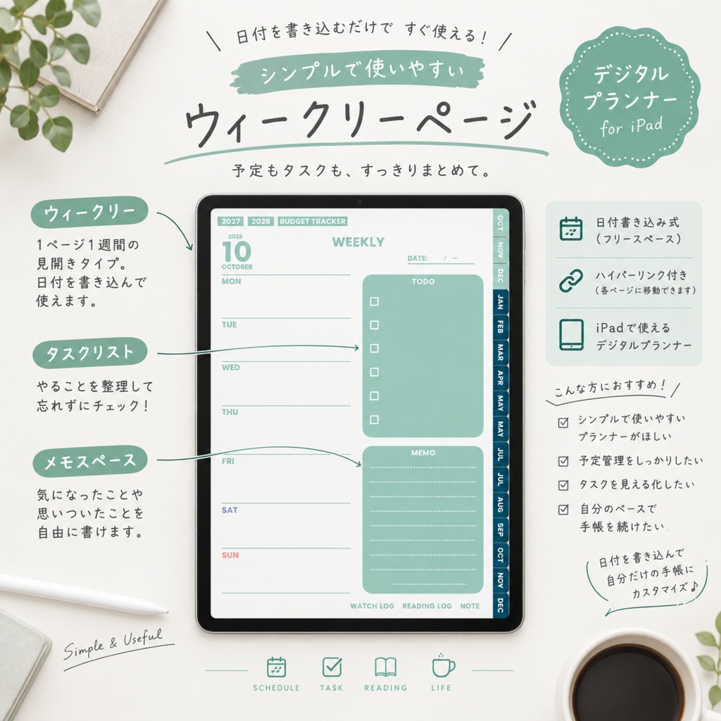 【2026年10月始まり】デジタルプランナー | 月曜始まり | 家計簿 | 視聴ログ| 読書ログ | iPad | goodnotes