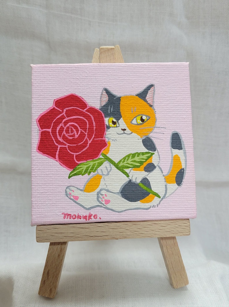 ミニ原画　バラと三毛猫さん　（イーゼル付き）