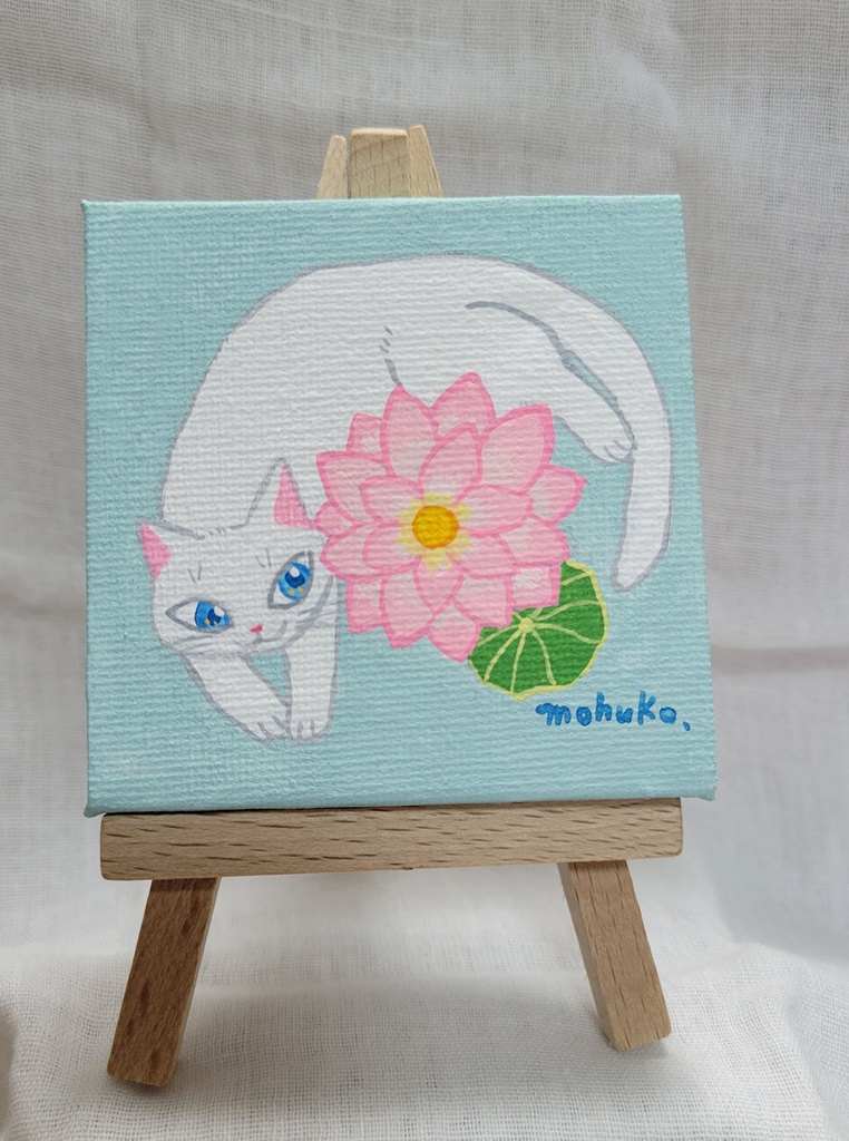 ミニ原画　ハスと白ねこさん　（イーゼル付き）