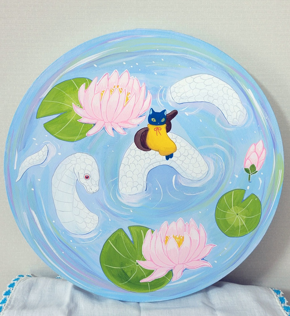 【原画・丸形キャンバス】睡蓮と白き旅