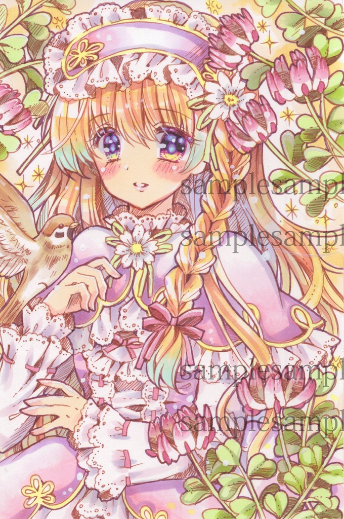 原画　雀と蓮華草　手描きイラスト　オリジナル　創作　一点物　アナログ　はがき
