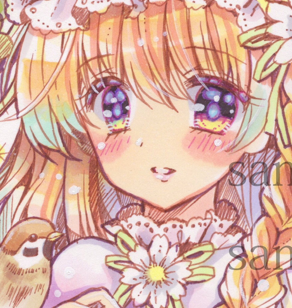 原画 雀と蓮華草 手描きイラスト オリジナル 創作 一点物 アナログ はがき