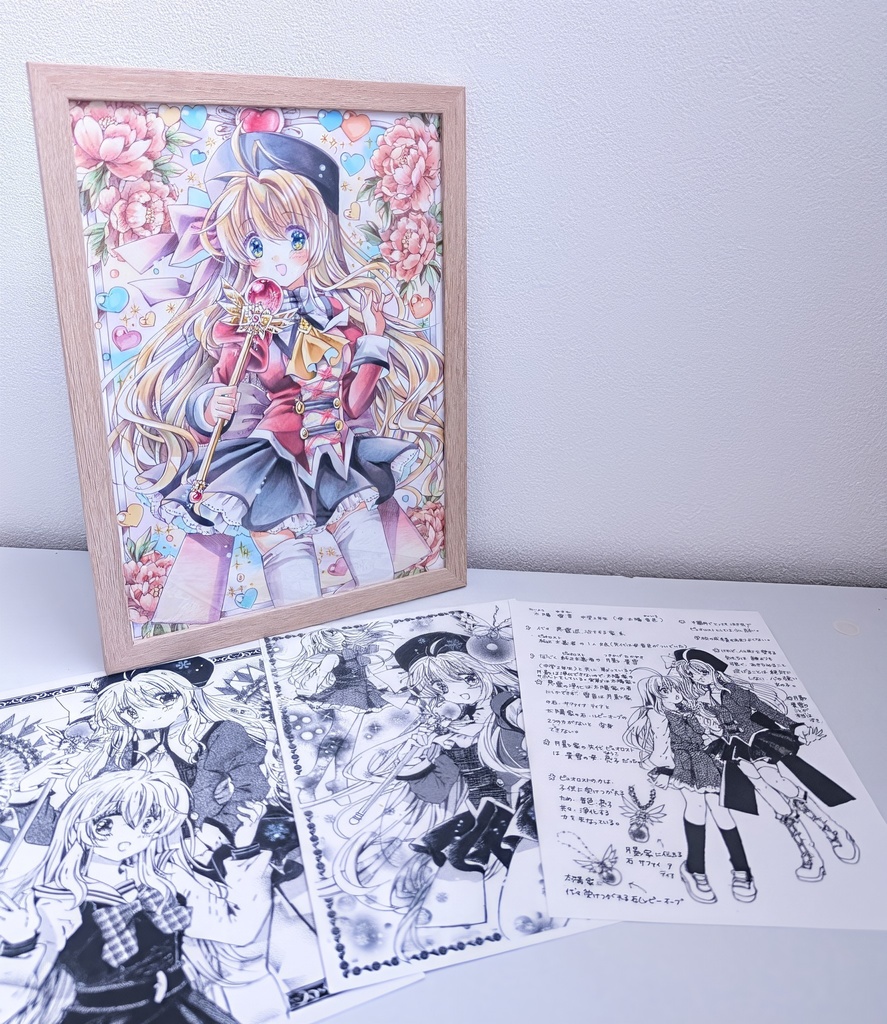 【太陽雪音】原画1枚+モノクロ複製イラスト3枚 4点セット創作キャラクター 手描きイラスト オリジナル 一点物 アナログ