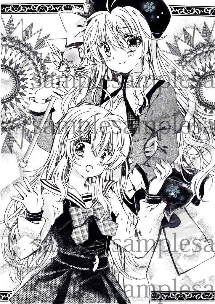 【太陽雪音】原画1枚+モノクロ複製イラスト3枚 4点セット創作キャラクター 手描きイラスト オリジナル 一点物 アナログ