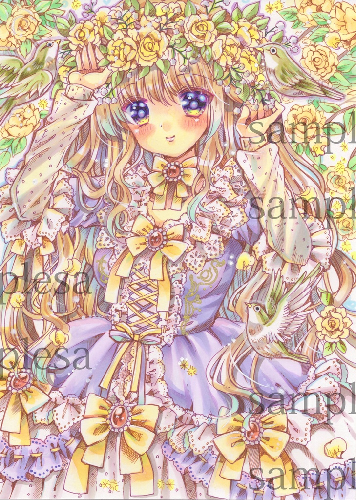 原画A5 モッコウバラとかすみ草の花冠 手描きイラスト オリジナル 創作 一点物 アナログ