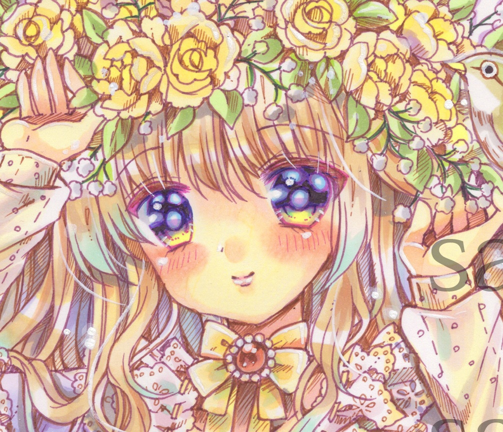 原画A5　モッコウバラとかすみ草の花冠　手描きイラスト　オリジナル　創作　一点物　アナログ