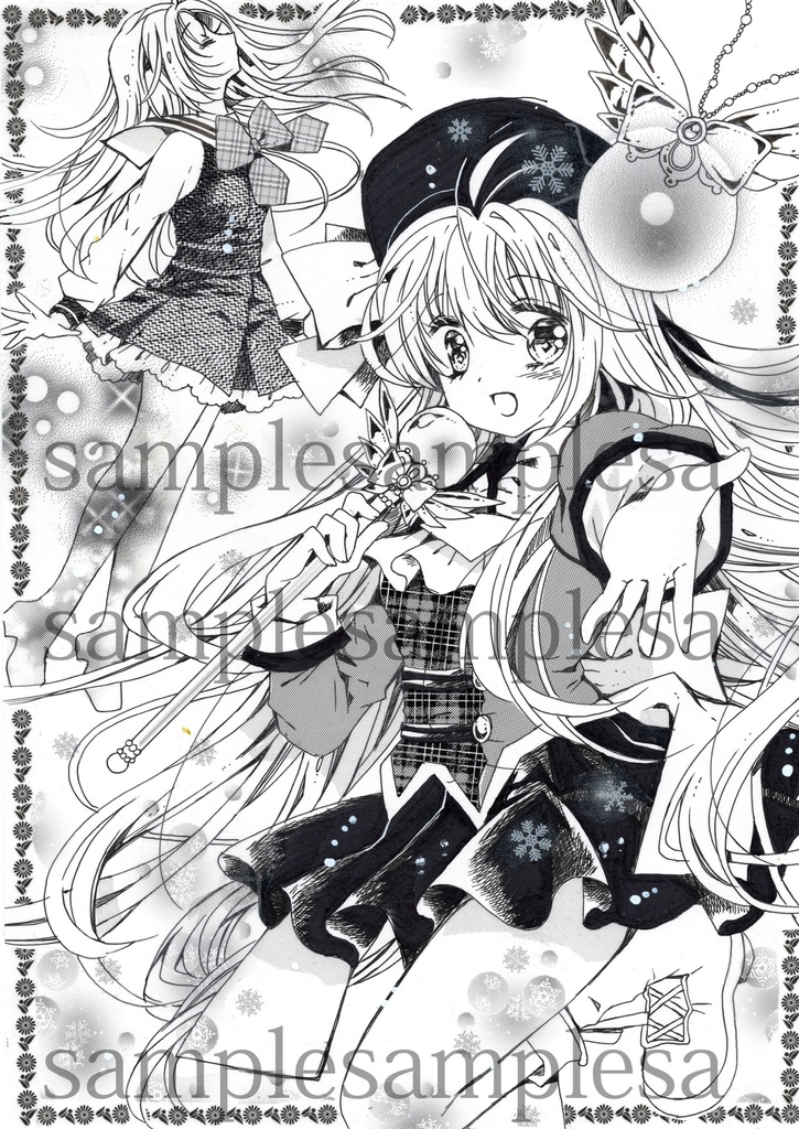 【太陽雪音】原画1枚+モノクロ複製イラスト3枚 4点セット創作キャラクター 手描きイラスト オリジナル 一点物 アナログ