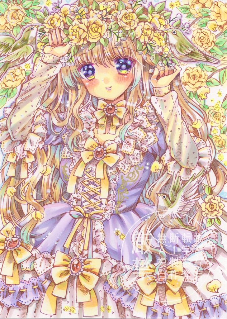 A5原画　モッコウバラとかすみ草の花冠　手描きイラスト　オリジナル　創作　一点物　アナログ
