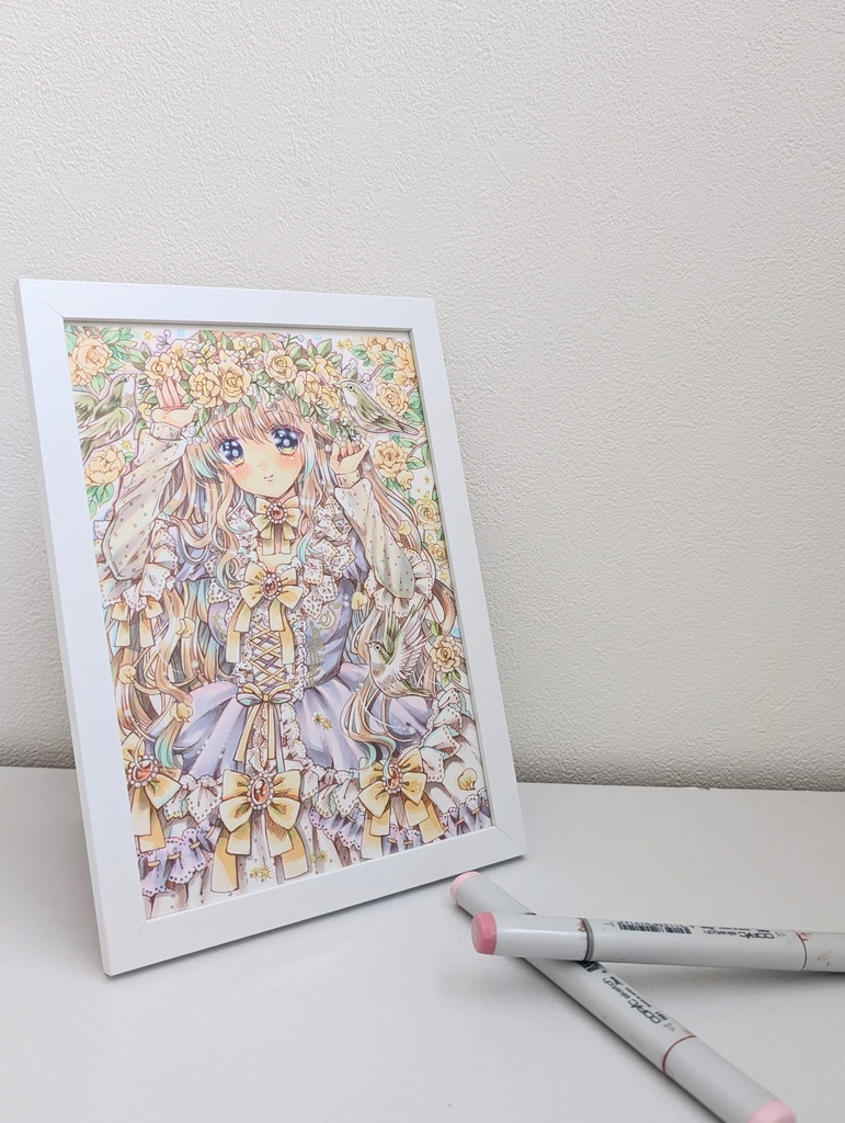 A5原画 モッコウバラとかすみ草の花冠 手描きイラスト オリジナル 創作 一点物 アナログ