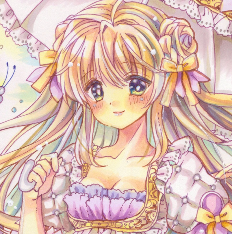 B5原画 紫陽花のドレスと青い蝶のワルツ 手描きイラスト オリジナル 創作 一点物 アナログ